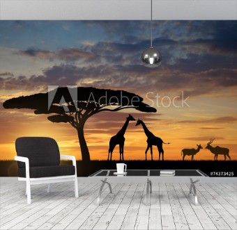 Picture of Giraffes with Kudu at sunset